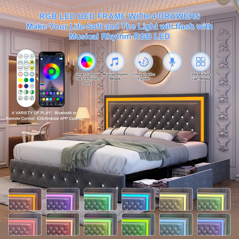 GEGOFORU LED Storage Bed Frame with 4 Drawers, Upholstered Platform Bed with Adjustable Headboard, Smart App & Remote RGBW Lights, No Box Spring Needed, Easy Assembly, Grey Velvet GEGOFORU LED Storage Bed Frame with 4 Drawers, Upholstered Platform Bed with Adjustable Headboard, Smart App & Remote RGBW Lights, No Box Spring Needed, Easy Assembly, Grey Velvet