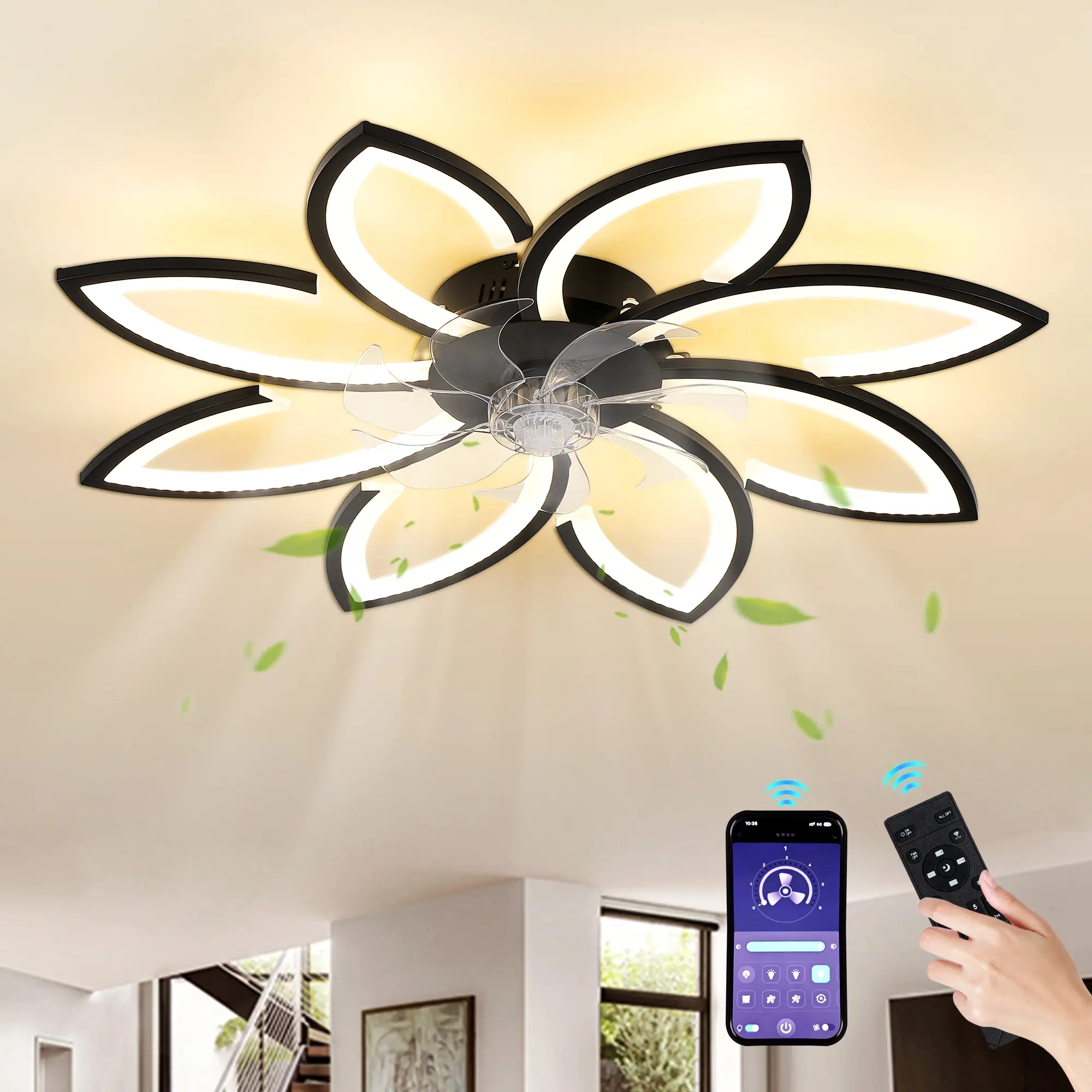 Ceiling Fan with Lights Phone App/Remote Control, Black Modern Design Low Profile 6 Speeds 3 Color Dimmable LED 3000K-6000K Flush Mount Ceiling Fan for Kitchen, Bedroom, Kids Room