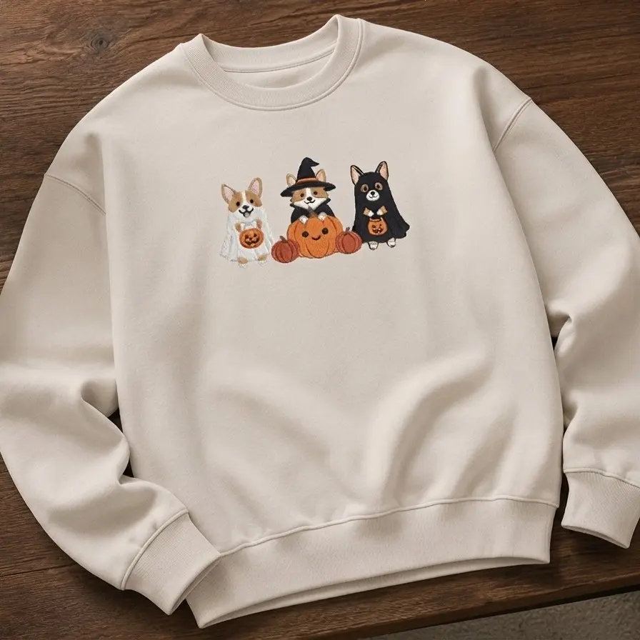 Embroidered Halloween Corgi Sweatshirt, T-shirt, And Hoodie, Cotton Apparel With Cute Puppy Graphic, Comfortable Casual Clothing For Autumn And Fall Season