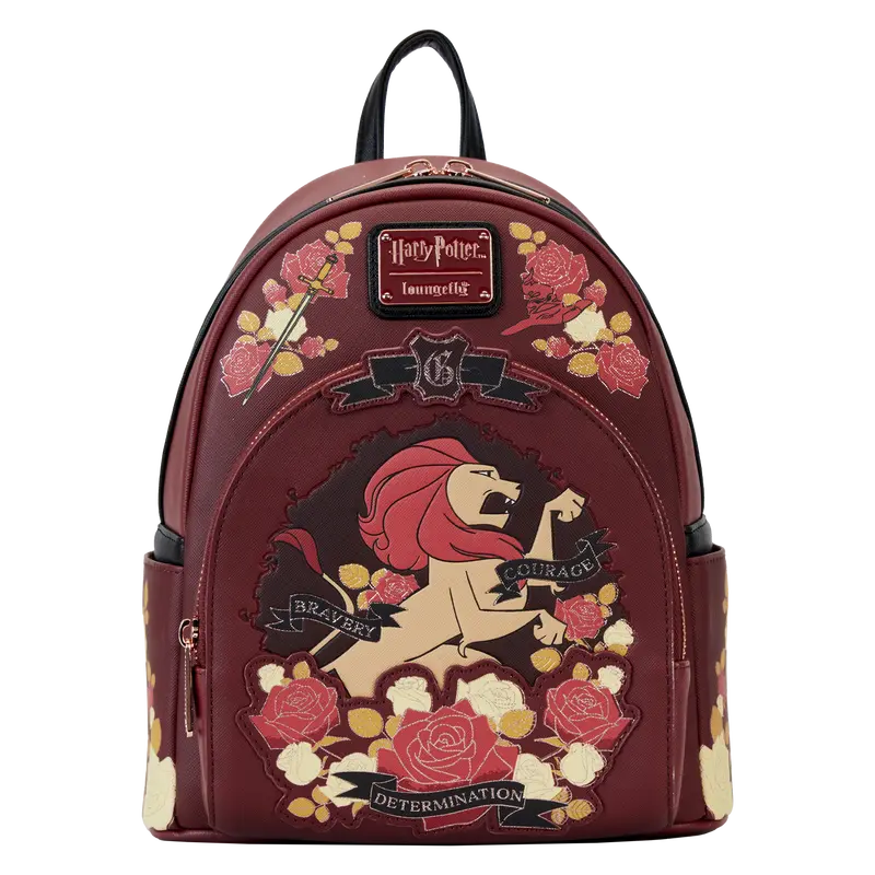 Loungefly Harry Potter Gryffindor House Tattoo Floral Mini Fashion Backpack in Saffiano Vegan Leather for Casual Wear with Side Pockets