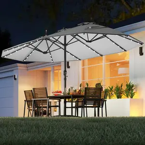 COSTWAY 15/13Ft Solar Patio Umbrella with Base, Extra Large Outdoor Double-Sided Twin Umbrella with 36 LED Lights & Crank Handle for Garden, Deck, Poolside, Patio
