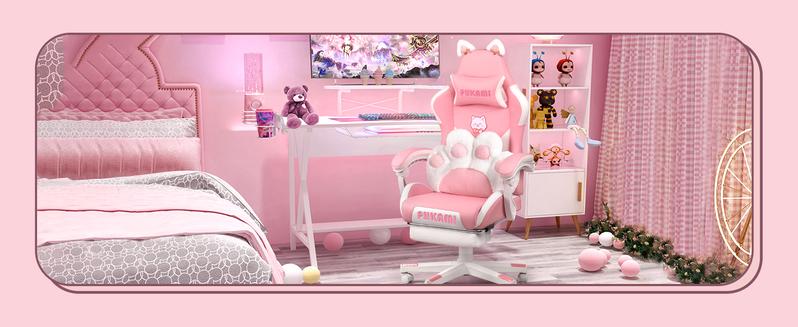 PUKAMI Pink Gaming Chair with Cute Cat Ears and Cat Paw Cushion Pillow,Ergonomic Gaming Chair for Teen with Footrest and Headrest Pillow,Pink Reclining Game Chair for Girl