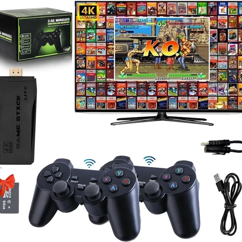 M8 Retro TV Game Stick - 4K HDMI Portable Home Gaming System, 2.4G 2player Wireless 2 Controllers, 64GB TF Card Retro Emulator with Instant Game List, Great Birthday Gift for All Ages
