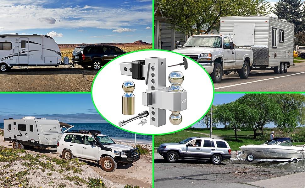 VNN Adjustable Trailer Hitch with 6-10 Inch Drop – Dual-Ball (2" & 2-5/16") Hitch for 2-Inch Receiver, 15,000 lbs GTW, Heavy-Duty Ball Mount – Silver