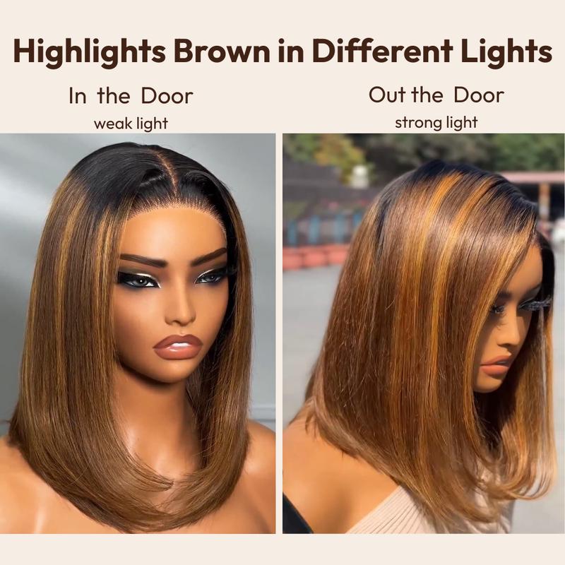 UNice Glueless Piano Highlights Brown Straight Bob Wig with Dark Roots Pre Cut 7x5 HD Lace Closure Human Hair Wigs with Invisible Knots Ready and Go Short Bob Wig for Women Beginners Friendly #TikTokShopHolidayHaul