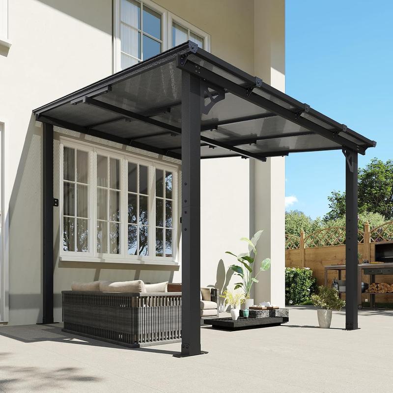【Ships in 1 Packages】Aoxun  8x10'/5x8'  Wall-Mounted Gazebo Pergola for Outdoor Patio with 55lbs/㎡ Load-Bearing Capacity LED Waterproof Hanging Lights Durable Polycarbonate Material
