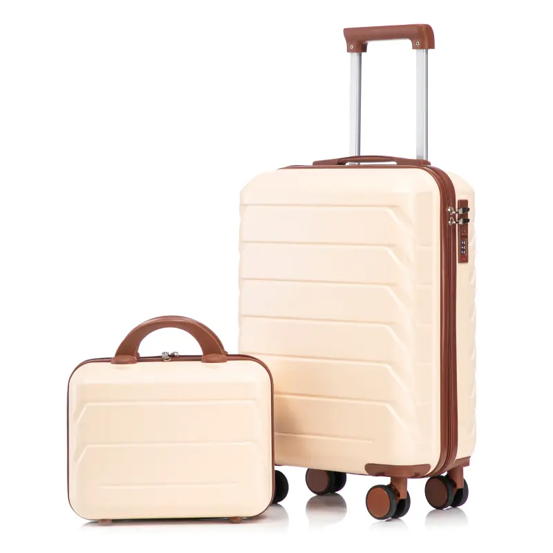 Beige Modern Striped 2-Piece Sturdy ABS Hardshell Luggage Set - 20" Carry On, 14" Cosmetic Case, Spinner Wheels, Waterproof, 7.05 lbs Traveling Bags, Sturdy Abs Luggage, Lightweight, 2Size Travel Set, 4 Wheels 360 Rotation, 14.4" L X 9.1" W X 22.2" H
