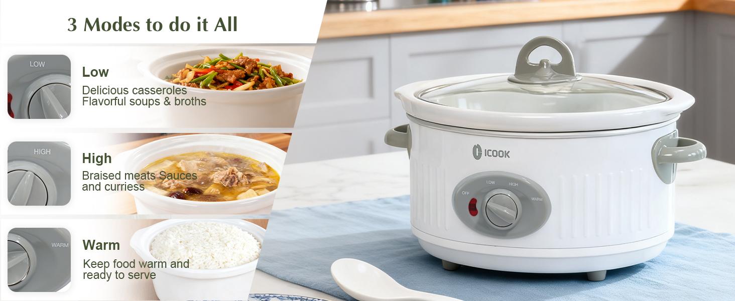 3.5 Quart Slow Cooker with 3 Heat Settings Non-Stick Ceramic Pot Tempered Glass Lid Dishwasher Safe Ivory White for Entrees Soups Stews Ricecooker Pressurecooker