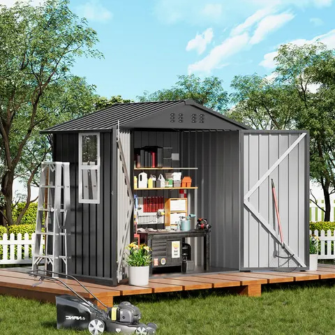 COMHOMA Shed Storage Outdoor Metal Windowed Lockable Garden Toolhouse Weatherproof Ventilated Backyard Utility Workshop(Grey,6'x4')