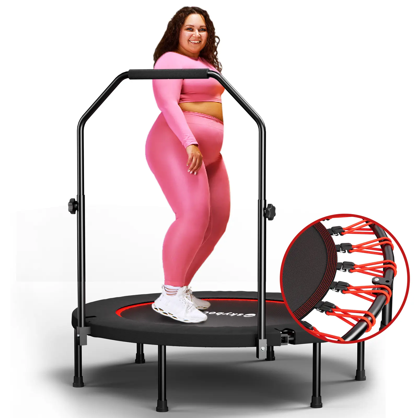 600 LBS Capacity Fitness Rebounder Trampoline for Adults, 40 Inch Foldable Alloy Steel Workout Equipment with Adjustable Handle Bar and Quiet Bungees for Indoor Exercise, Home Workout Equipment, Rebounder Fitness Trampolines, Indoor/Outdoor, 40"L X 40"W X