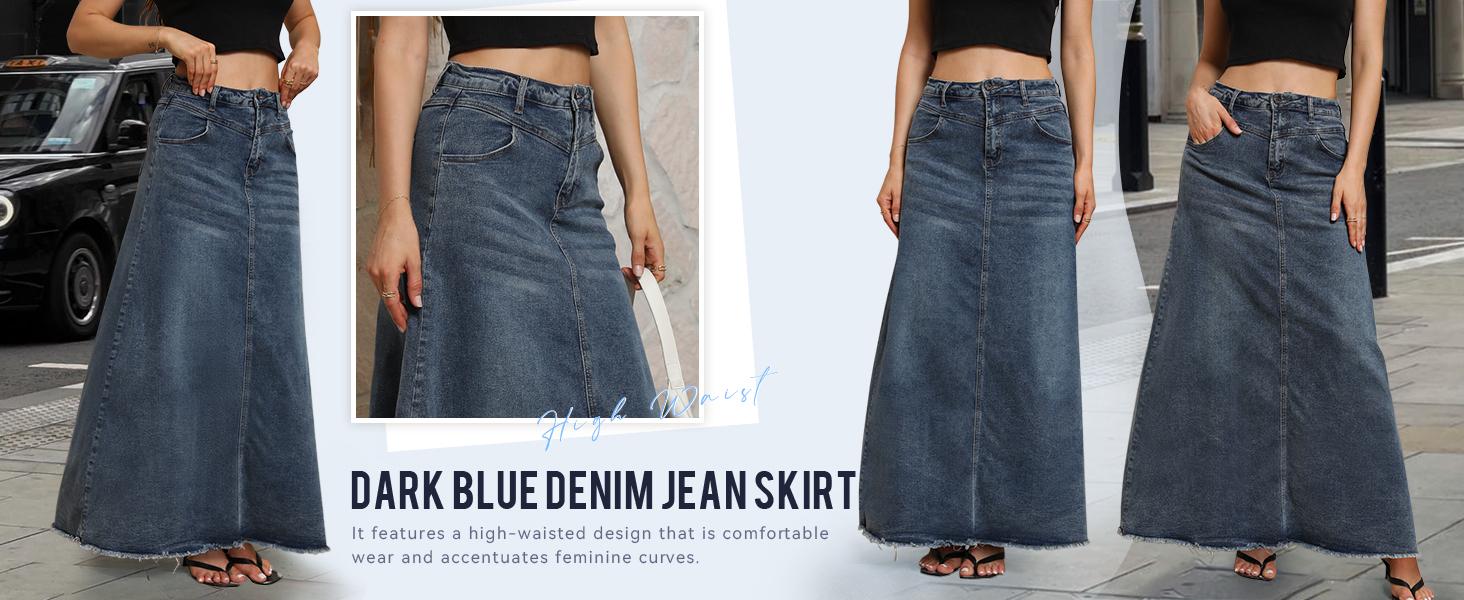 Chouyatou Women's Retro High-Waisted Denim Maxi Skirt A-Line Raw-Hem Denim Skirt with Pockets Chouyatou Women's Retro High-Waisted Denim Maxi Skirt A-Line Raw-Hem Denim Skirt with Pockets