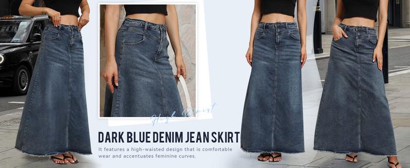 Chouyatou Women's Retro High-Waisted Denim Maxi Skirt A-Line Raw-Hem Denim Skirt with Pockets