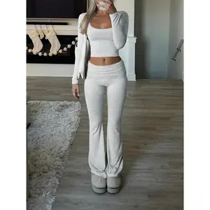 Women's Color Square Neck Crop Tee & Flare Leg Tall Trousers Two-piece Set, Casual Fashion Cozy Two Piece Outfits for Daily Wear, Women  Tummy Flattering Clothes for Fall & Winter, Cotton Lounge Set