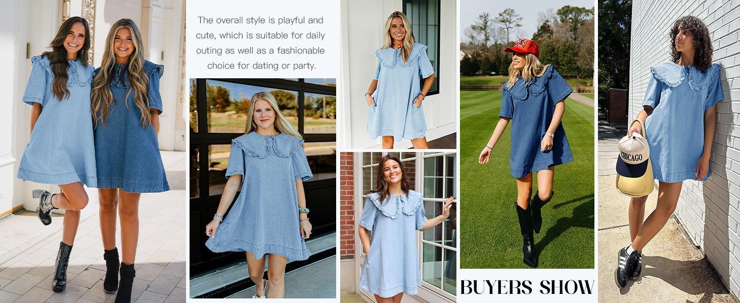 Imily Bela Womens Summer Denim Mini Dress Oversized Peter Pan Collar Short Sleeve Casual Flowy Babydoll Jean Dresses
