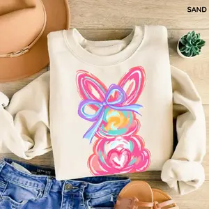 Brushstroke Bunny Easter Sweatshirt, Bunny Coquette Bow Shirt, Pink Bunny Top, Retro Easter Gift For Women