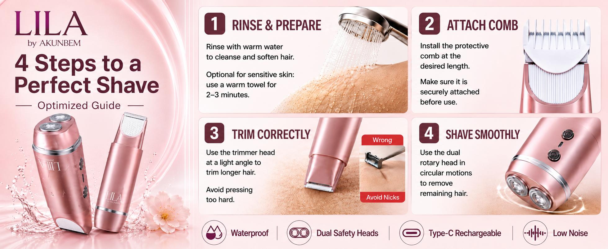 Akunbem 2 in 1 Women's Electric Shaver Dual Head Bikini Trimmer IPX7 Waterproof Wet Dry Use Body Hair Trimmer Facial Hair Remover for Bikini Underarm Leg Arm Body Face