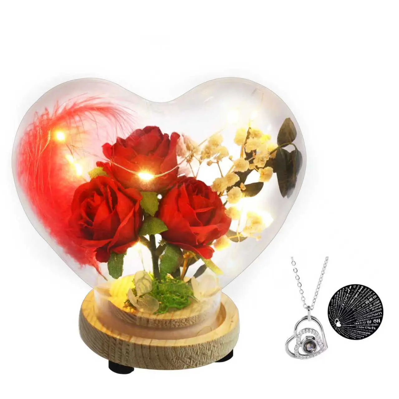 Handmade Preserved Rose Heart Set with Glowing Glass Cover, Warm Lights, Necklace, 100-Language "I Love You" Rose Gift Box - Angel-Themed Gift for Women, Ideal for Valentine's Day, Wedding, Handmade Roses Add Boutique Detail