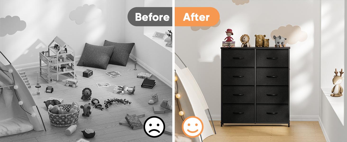 Dresser for Bedroom with 8 Fabric Drawers, Tall Chest Organizer Units for Clothing, Closet, Kidsroom, Storage Tower with Cabinet, Metal Frame, Wooden Top, Lightweight Nursery Furniture