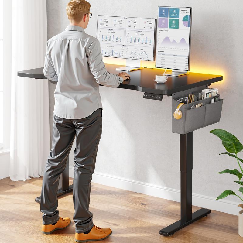 【Smart Memory Height】Raybee Electric Standing Gaming Desk with LED 56'' Sit Stand Up Desk Adjustable Height 3 Memory Preset Computer Home Office Desk with Side Pocket