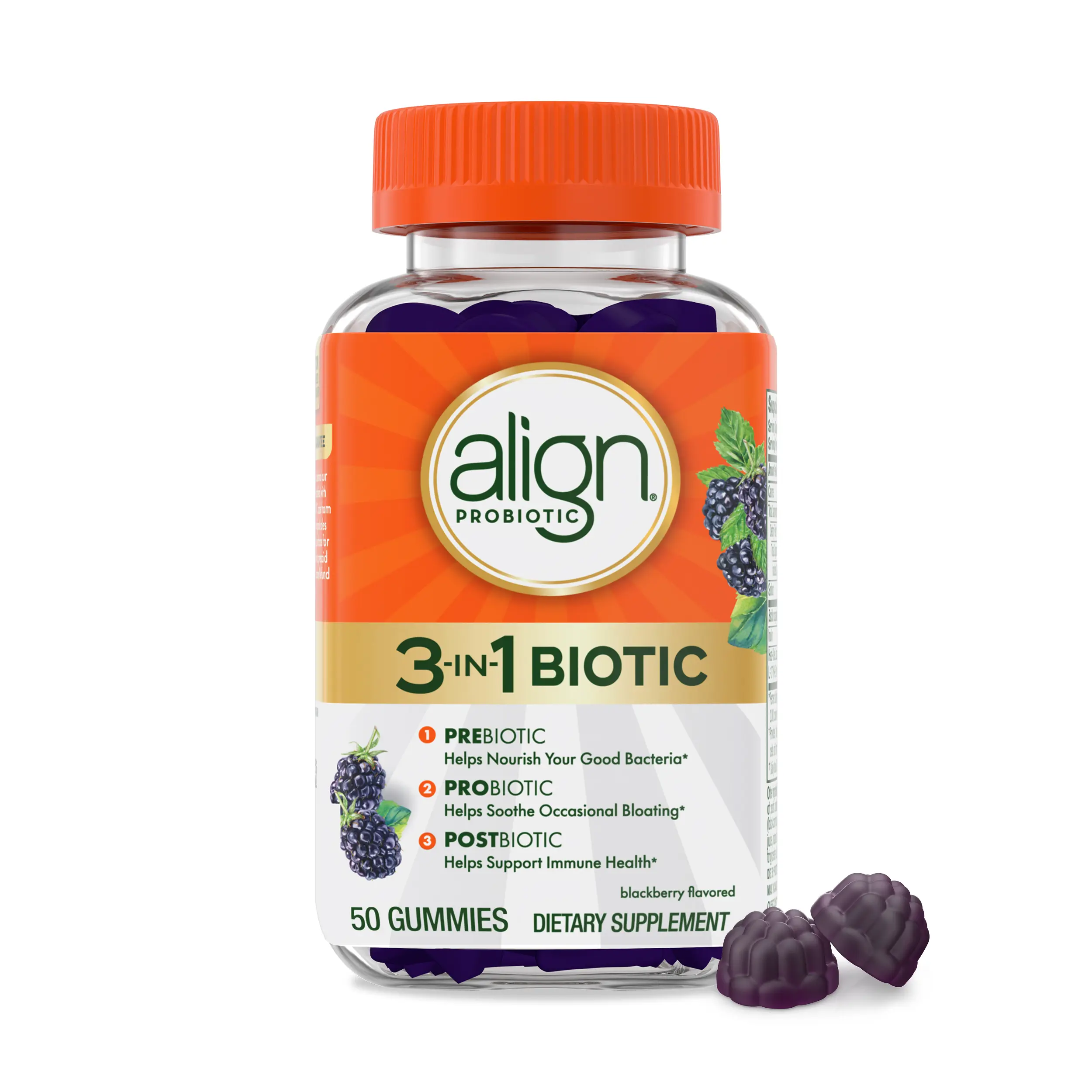 Align Probiotic, 3-in-1 Biotic Gummies, Prebiotic + Probiotic + Postbiotic, Probiotics for Women, 50 Gummies