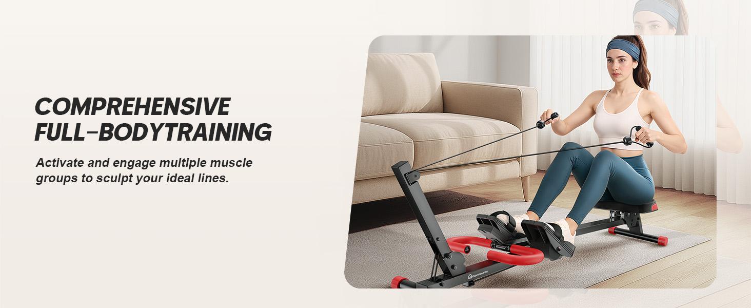 WARMOUNTS Rowing Machine, 4 in 1 Adjustable Ab Machine with 4 Levels and 4 Heights, Foldable Rowing Machine for Home Gym with LCD Display, 266lbs Weight Capacity