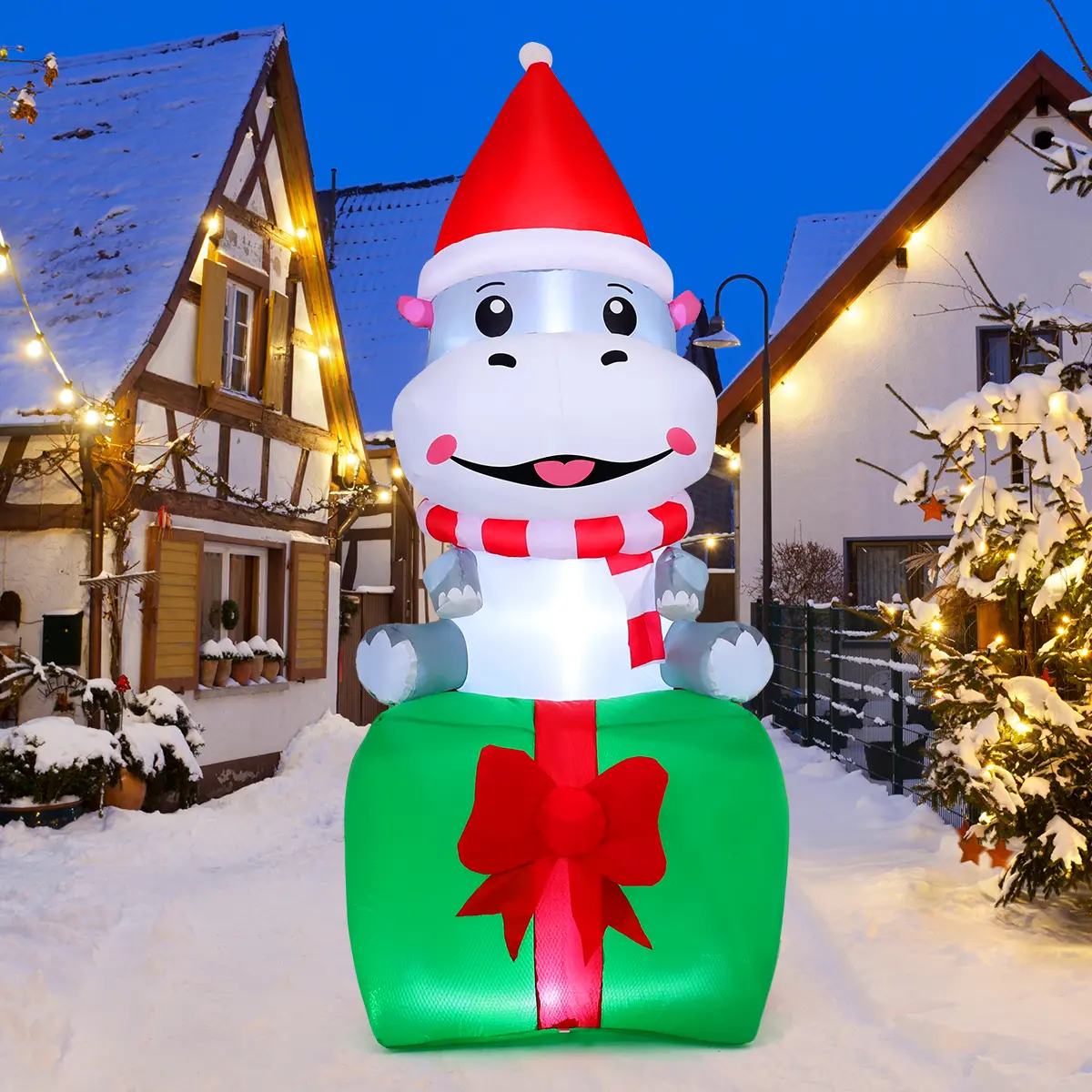 GOOSH 6.8 FT Christmas Hippo Inflatable - Waterproof Festive Home & Outdoor Yard Decor Ornament with LED Lights, Included Hat, Home Supplies Gift, Water Proof, Led Lighted