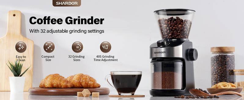 SHARDOR Burr Coffee Grinder 3.0, 32 Grind Settings for Espresso, Pour Over, Drip, and French Press, Adjustable Timer, Easy-Clean Chamber for Home Brewing