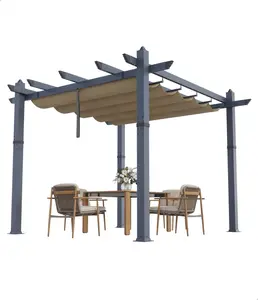 10 x 10 ft Outdoor Pergola,Aluminum Shelter with Adjustable Canopy,Reinforced Frame,Metal Gazebo for Porch Garden Sun Shade Beach Pavilion Grape Trellis Grill Backyard Deck(Grey & Khaki)
