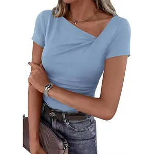 PrettyGarden Women's Summer Asymmetrical Y2K Tops Trendy Ribbed Short Sleeve Fitted Tee Shirts Spring Fashion,Womenswear