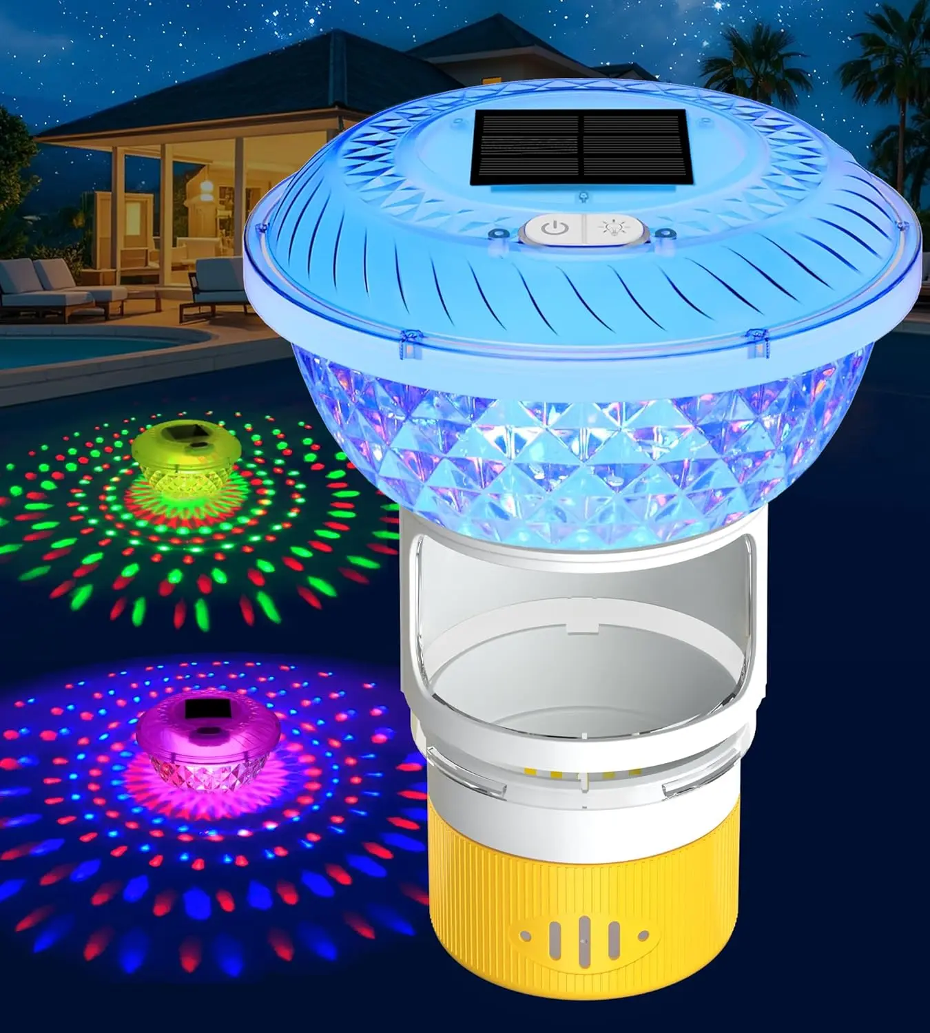 2026 Upgrade Solar Chlorine Floater Pool Chlorine Floater with Colorful Light Button Control Floating Chlorines Dispenser for Pool Adjustable Flow chlorines floaters Yellow tiktokshopspringglowup,summervibes