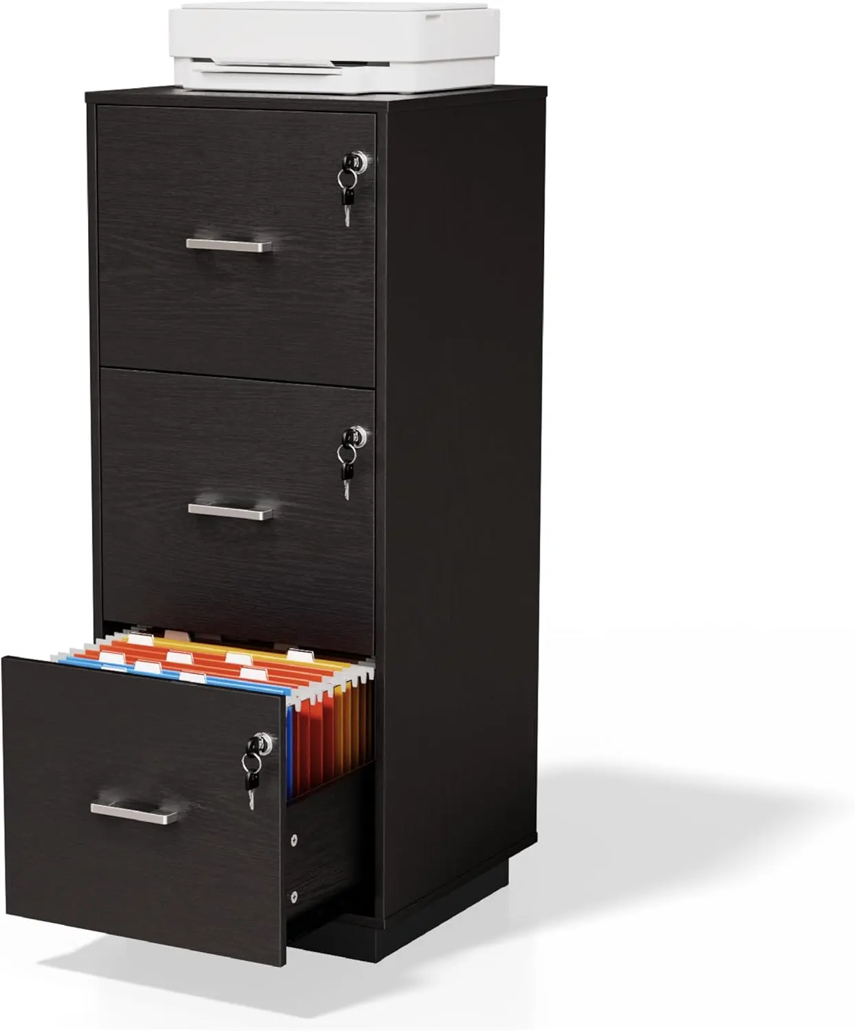 Karlhome Wood Finish Rectangular Locking 3-Drawer Filing Cabinet with Sturdy Base - Pre-Assembled Home Office Printer Stand, Letter Size Organizer for Business Setup, Enables Effortless Access & Extra Layer of Security (Black), Locking Drawers, Student