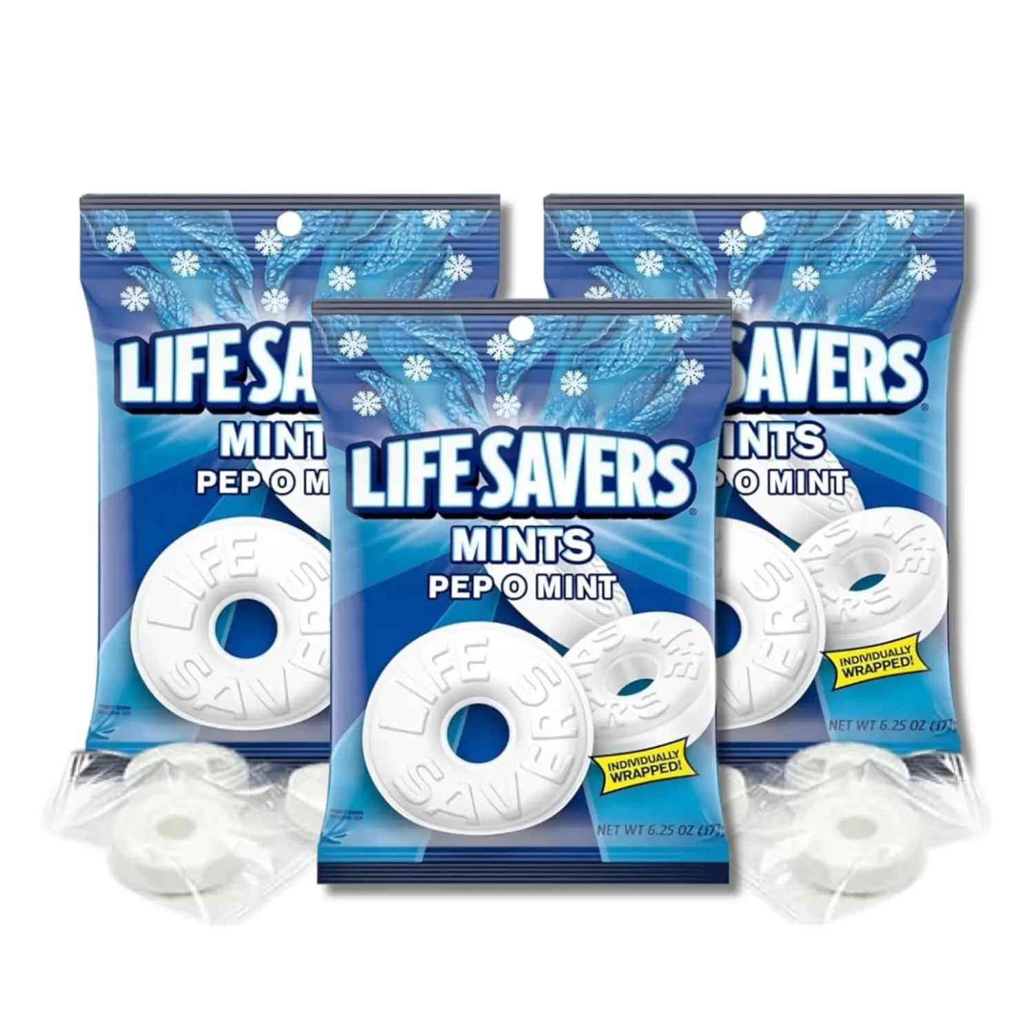 LifeSavers - Pack of 3 - Pep O Mint - Individually Wrapped Hard Candies - 6.25 oz. Bags