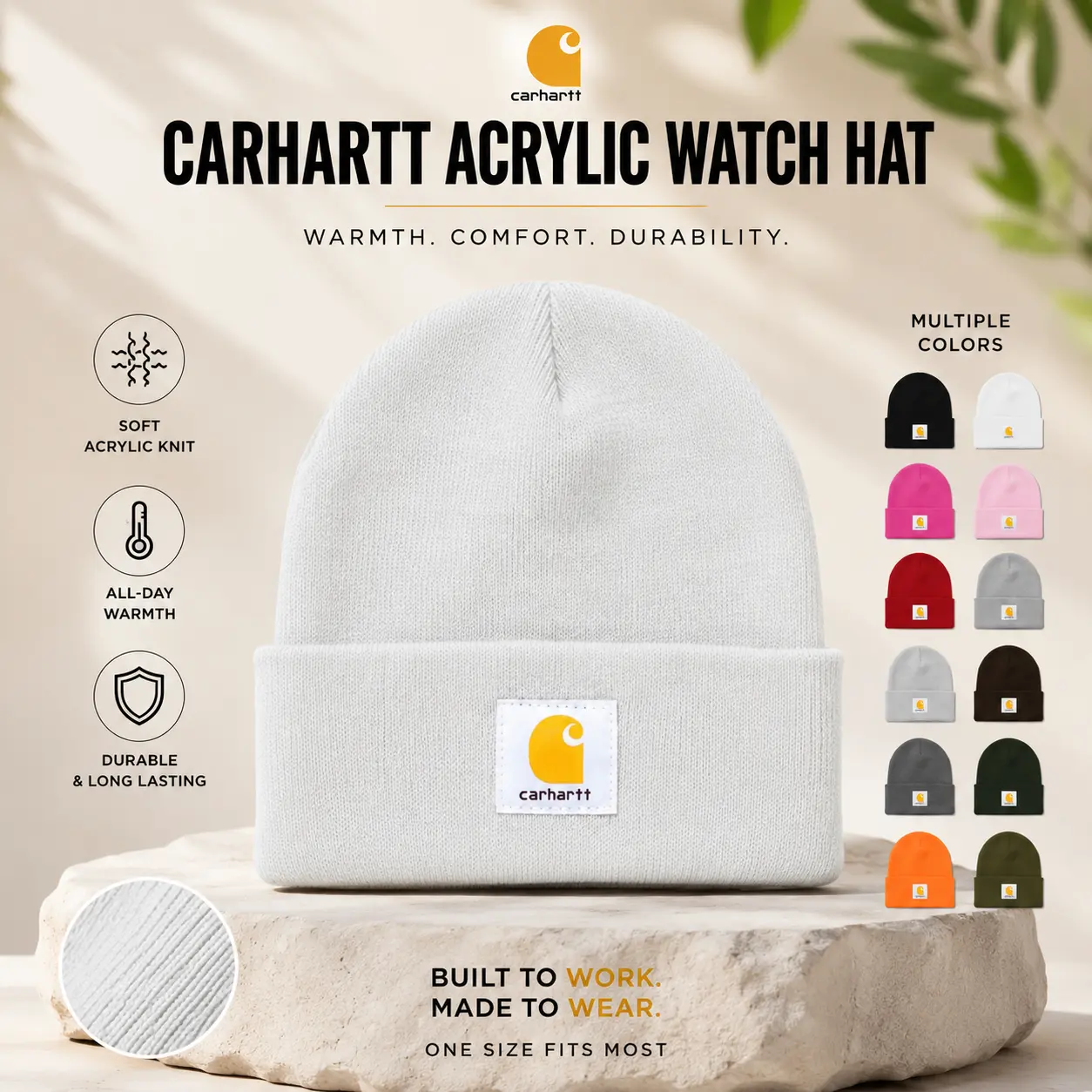 Carhartt Acrylic Watch Hat Beanie Warm Knit Winter Cap for Men & Women, Classic Cuffed Beanie with Logo Patch, Soft Stretch Cold Weather Workwear Hat, Outdoor Streetwear Skull Cap for Skiing, Hiking, Camping, Travel & Everyday Wear