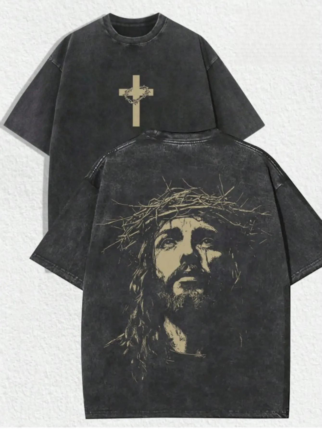 Jesus Crown of Thorns Double-Sided Washed Black Christian T-Shirt - Oversized Faith Tee.Double-Sided Print Jesus & Cross Washed Black T-Shirt - Christian Cotton Streetwear