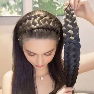 [Vintage Braided Headband] Vintage-Inspired 1pc Elegant Braided Headband - Wide Non-Slip with Teeth, Handcrafted Synthetic Hair Voluminous Bun Accessory, Polyester, Brown & Black Options Carnival