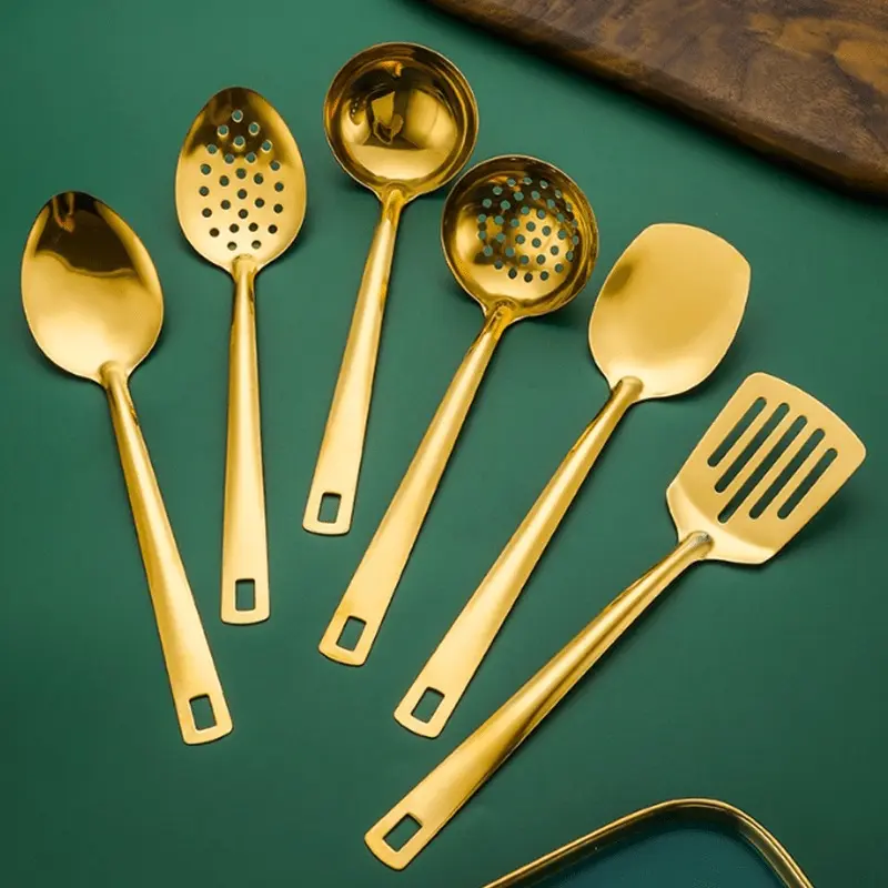 6-Piece Korean Style Gold-Plated Stainless Steel Kitchen Utensil Set - Cooking Spoon, Slotted Turner, Strainer Ladle & Serving Tongs for Home, Banquet, Party, Baking - Luxury Christmas Gift Idea Tableware cutlery robert welsh, Kitchen Accessories, Golden,