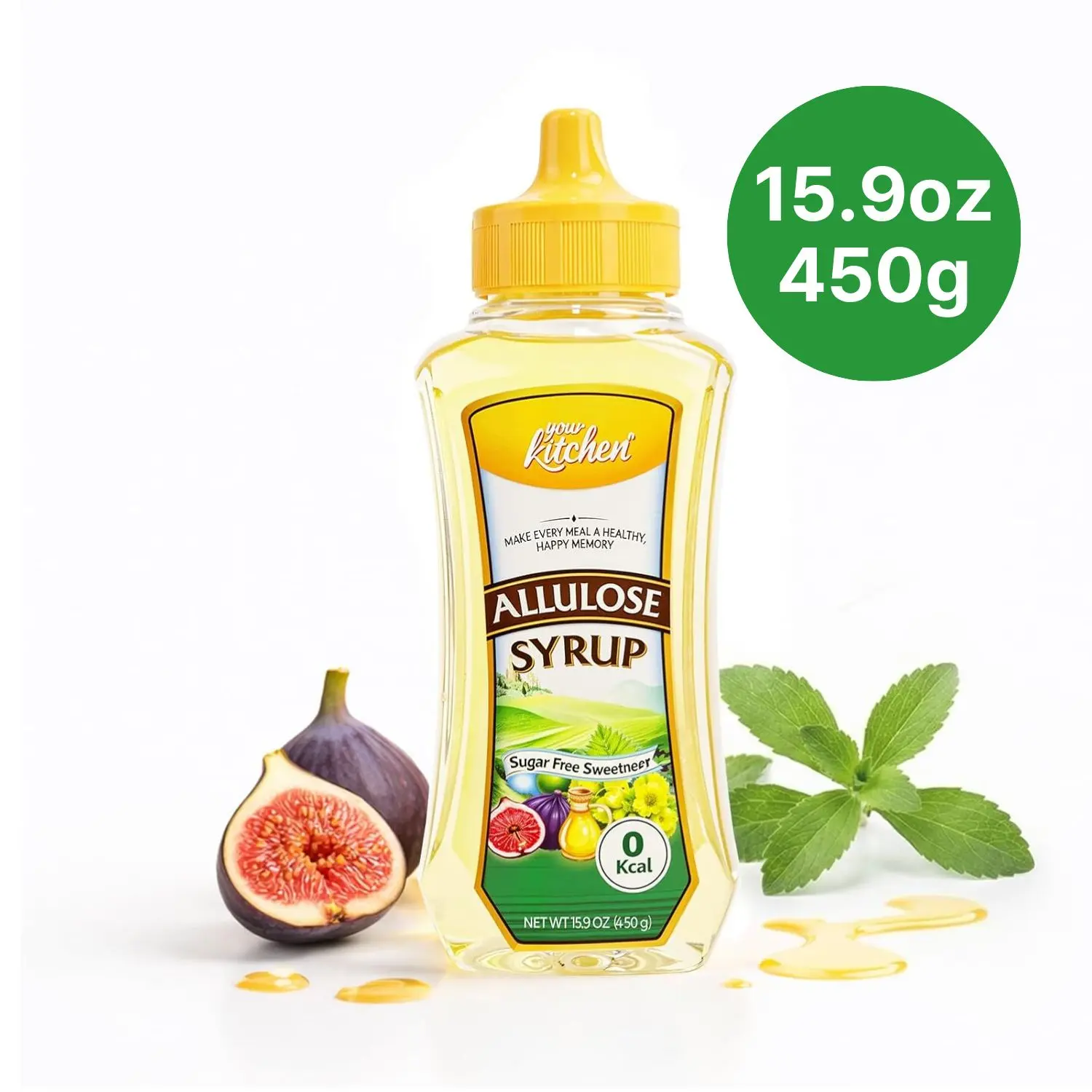 YourKitchen Keto Allulose Syrup Bottle, 15.9 Oz Ambient 99.5% Liquid Allulose - 0 Calorie, Sugar Free Sweetener, Stevia Blend Thin Syrup, Low Glycemic, Non-Erythritol, 0 Net Carbs Substitute for Youth Low Sugar Dessert