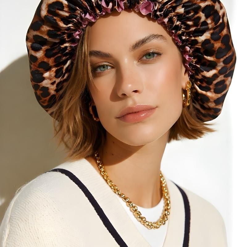 Reversible Leopard and Pink Pure Mulberry Silk Bonnet for Women's Stylish Headwear