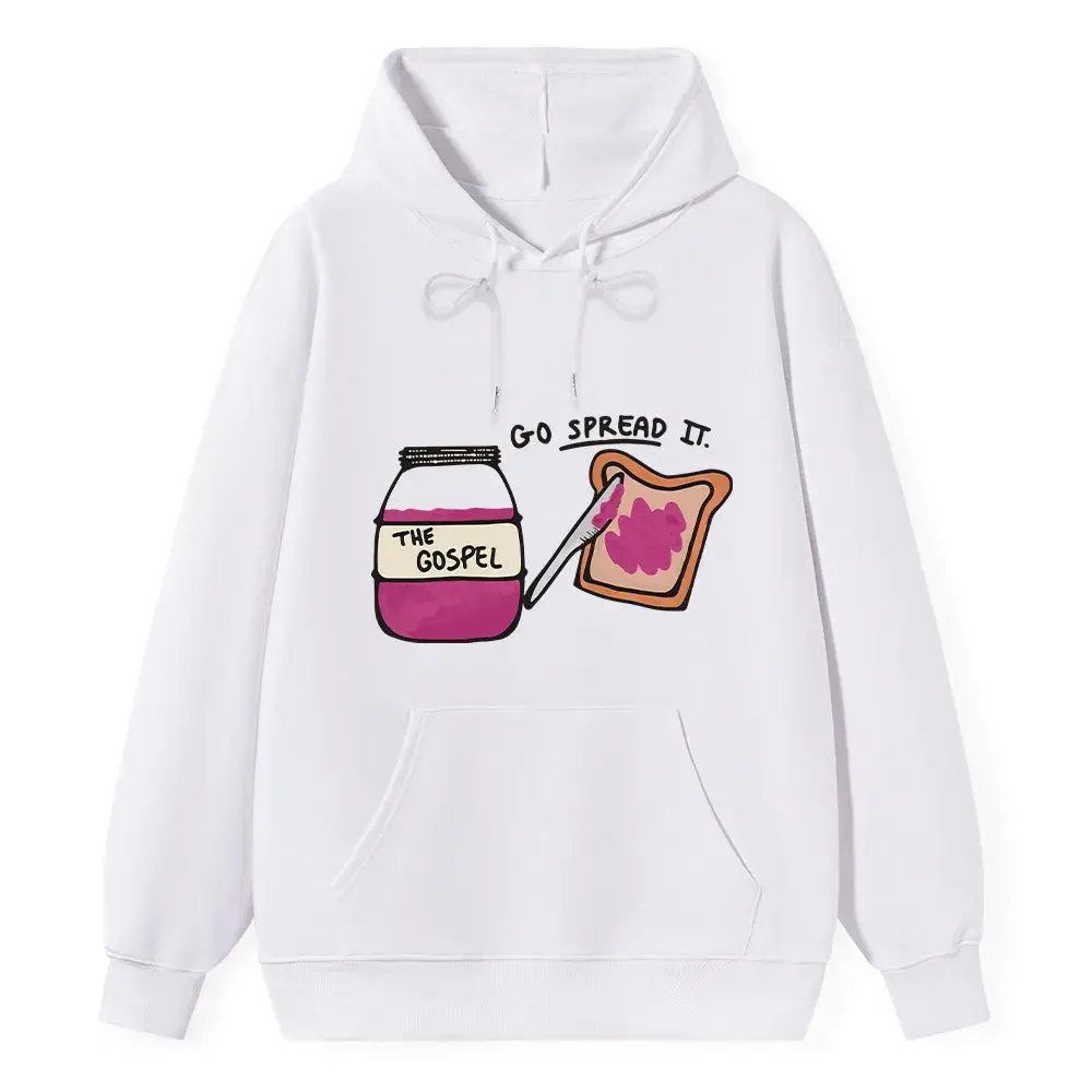 Aesthetic Religious Hoodie Funny Gospel Pun Cartoon Christian Casual Long Sleeve Top,Cute Faith Hoodie “The Gospel” Jam Jar Toast Front Print White Oversized Pullover