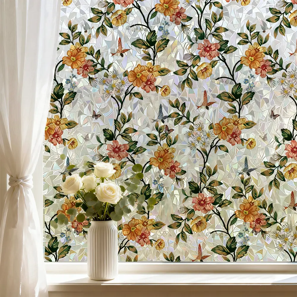 1 Roll PVC Static Cling Iridescent Floral Privacy Window Film - Artwork Interior Stickers, Decorative Light-Filtering Glass Cover for Home Living Room, Removable Home Improvement Building Supplies