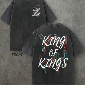 Vintage Washed 230GSM Heavyweight Tee - Double-Sided "YHWH KING OF KINGS" & Champion Print, Faith Streetwear Loose Fit Shirt, Men's All-Season Casual Top, TikTok Viral Christian Apparel