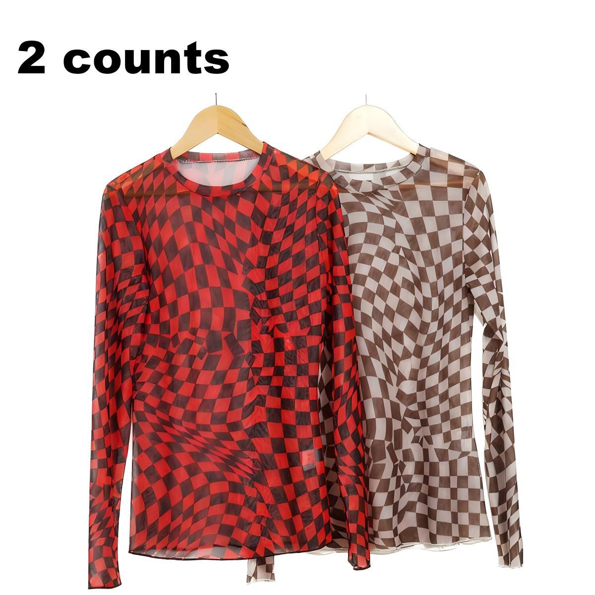 Znacicc Trendy Women's Classic Checkered Pattern Mesh Mock Neck Comfortable Winteroutfit Long Sleeve Top - Lightweight for Daily & Casual Wear