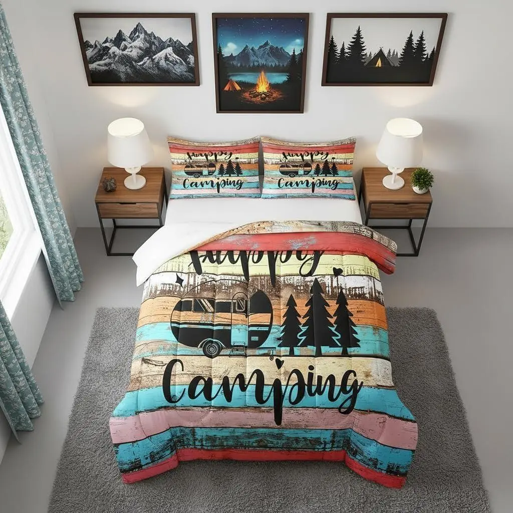 Camper Bedding for Travel Trailers,Colorful Stripes Vintage Barn Door Comforter Set,Happy Camping Duvet Set Camping Lover,Western Farmhouse Style Bedding Comforter