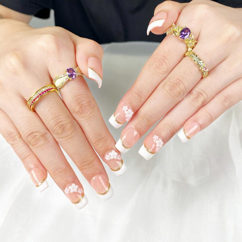 Reusable Press-On Nails Glossy Gel Finish Short Coffin Almond Easy Apply Remove Strong Hold Nail Kit for DIY Home Manicure with Nail File Glue and Storage Box