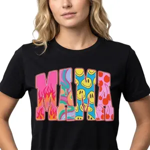 Retro Groovy Mama Graphic T-Shirt Cotton Casual Crew Neck Short Sleeve Top for Women