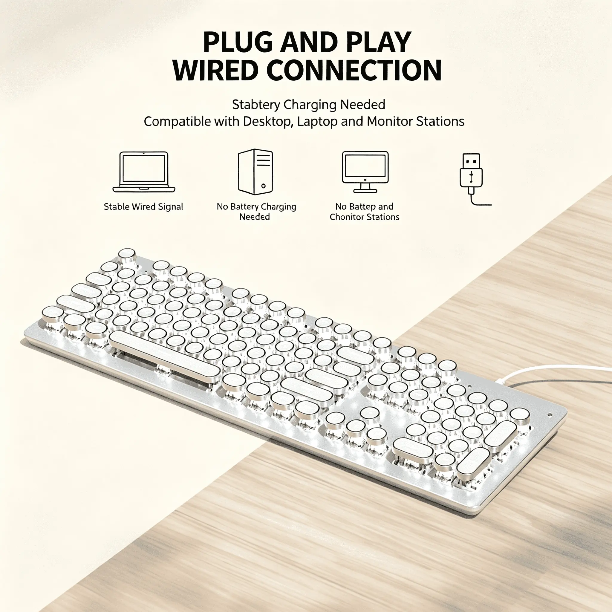 Retro Typewriter Mechanical Keyboard, Full-Size 104-Keys Wired Keyboard with White LED Backlight, Hot-Swappable Switches, Vintage Round Keycaps for Office PC Mac Gaming Use