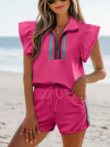 Women's Strawberry Pink Striped Detail Flutter Sleeve Zipped Collar Short Sets Summer Beach Vacation Matching Outfits Casual Daily Lounge Gowns Two Piece Ribbed Suits