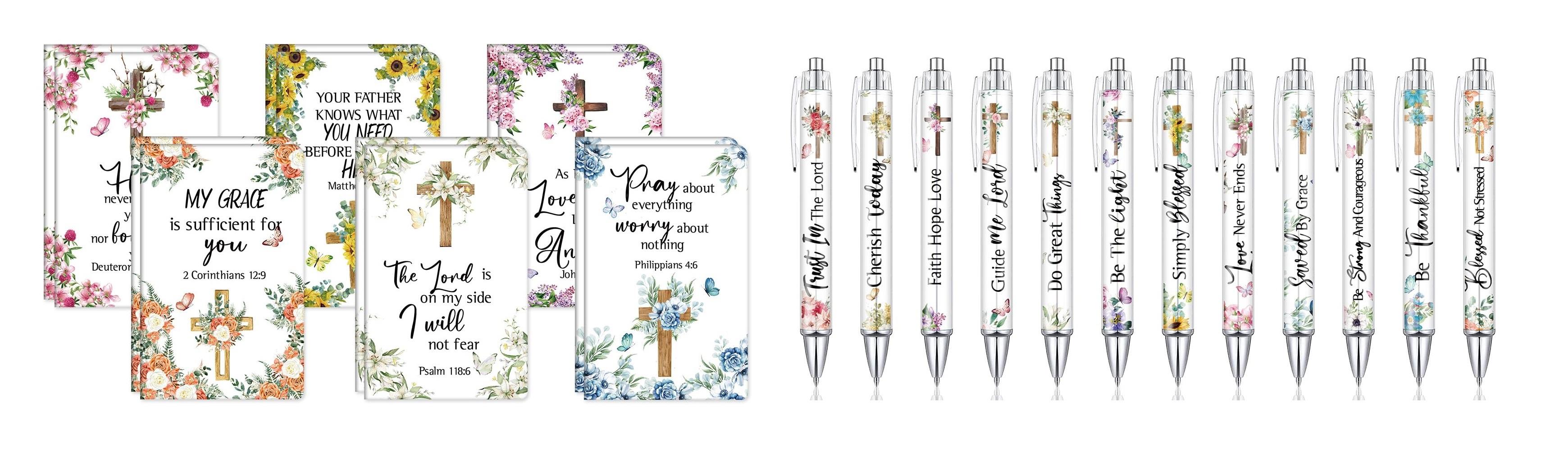Christian Gifts with 12 Christian Pens and 12 Pocket Notebooks Bible Study Supplies with Motivational Quote Inspirational Pens Religious Gift for Church Women Teacher for Sunday Preyer Study Group, Easter Faith Gift for Christian Women Girls