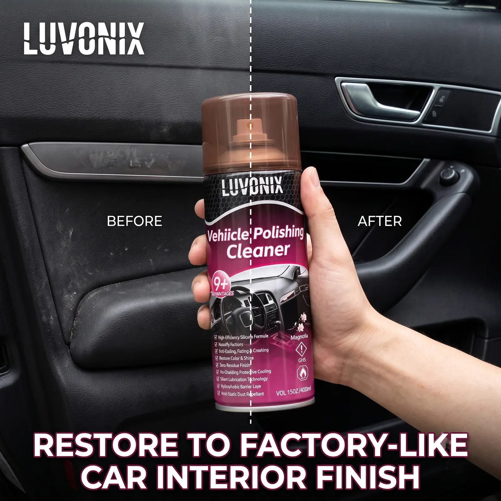 Car Interior Protectant Spray  (15 oz) - Interior Detailing Products for Leather+Plastic Use, Car Detailing Chemicals with 1-Step Tire Shine, Polishing Cleaner & Trim Restorer for Precise Even Shine