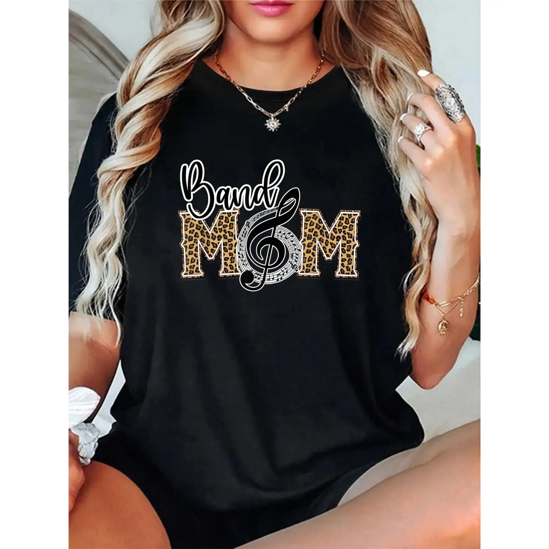 100% Cotton Unisex Band Mom Leopard Print Proud Band Mom Musical Marching Band T-Shirt Casual Fashion Top